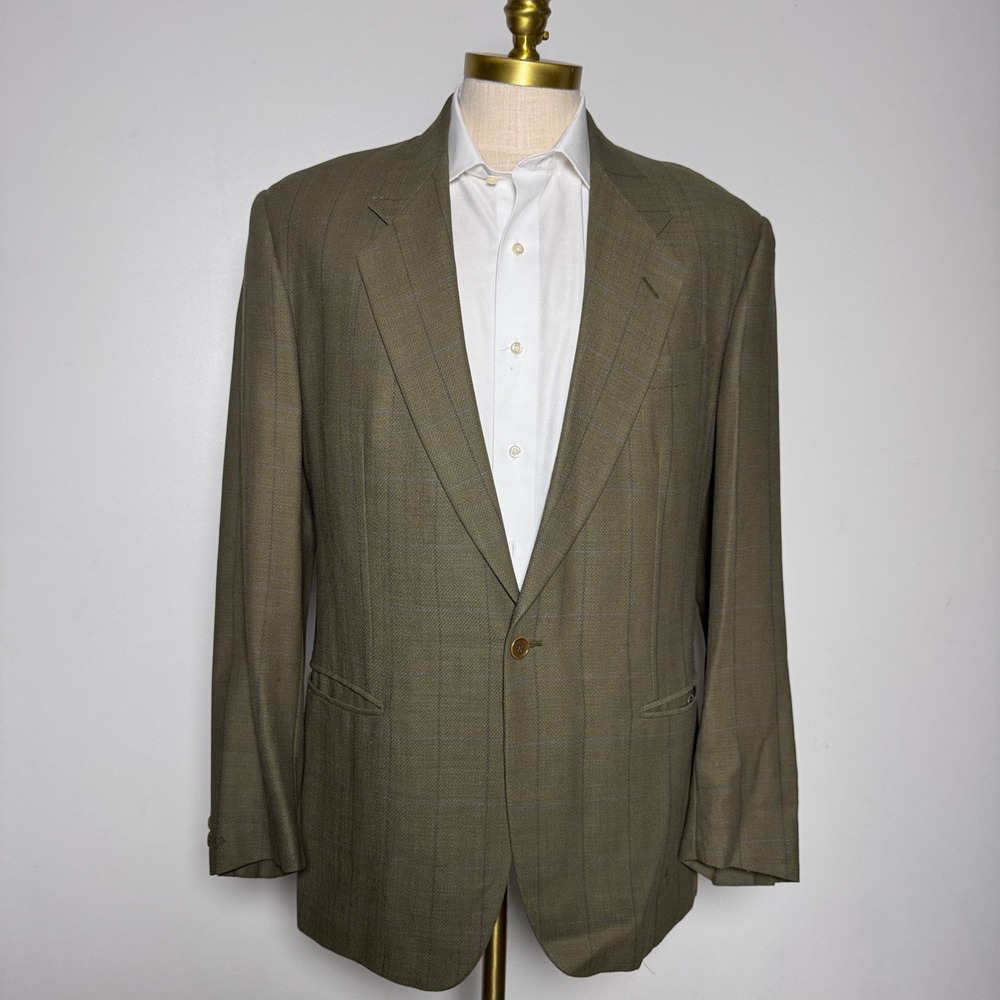 Lubiam‎ Sport Coat Mens 42R Olive Green Windowpane Virgin Wool Blazer Italy